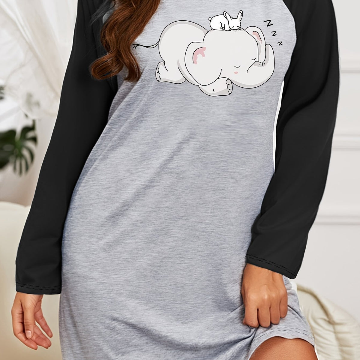  Nightdress Elephant & Mouse Print Raglan Sleeve Tee Sleep Dress