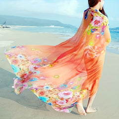 Peacock Feather Print Chiffon Scarf Oversized Shawl Thin Silk Head Wrap Women