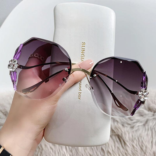 Oversized Rimless Rhinestones Sunglasses Gradient Vintage Ladies