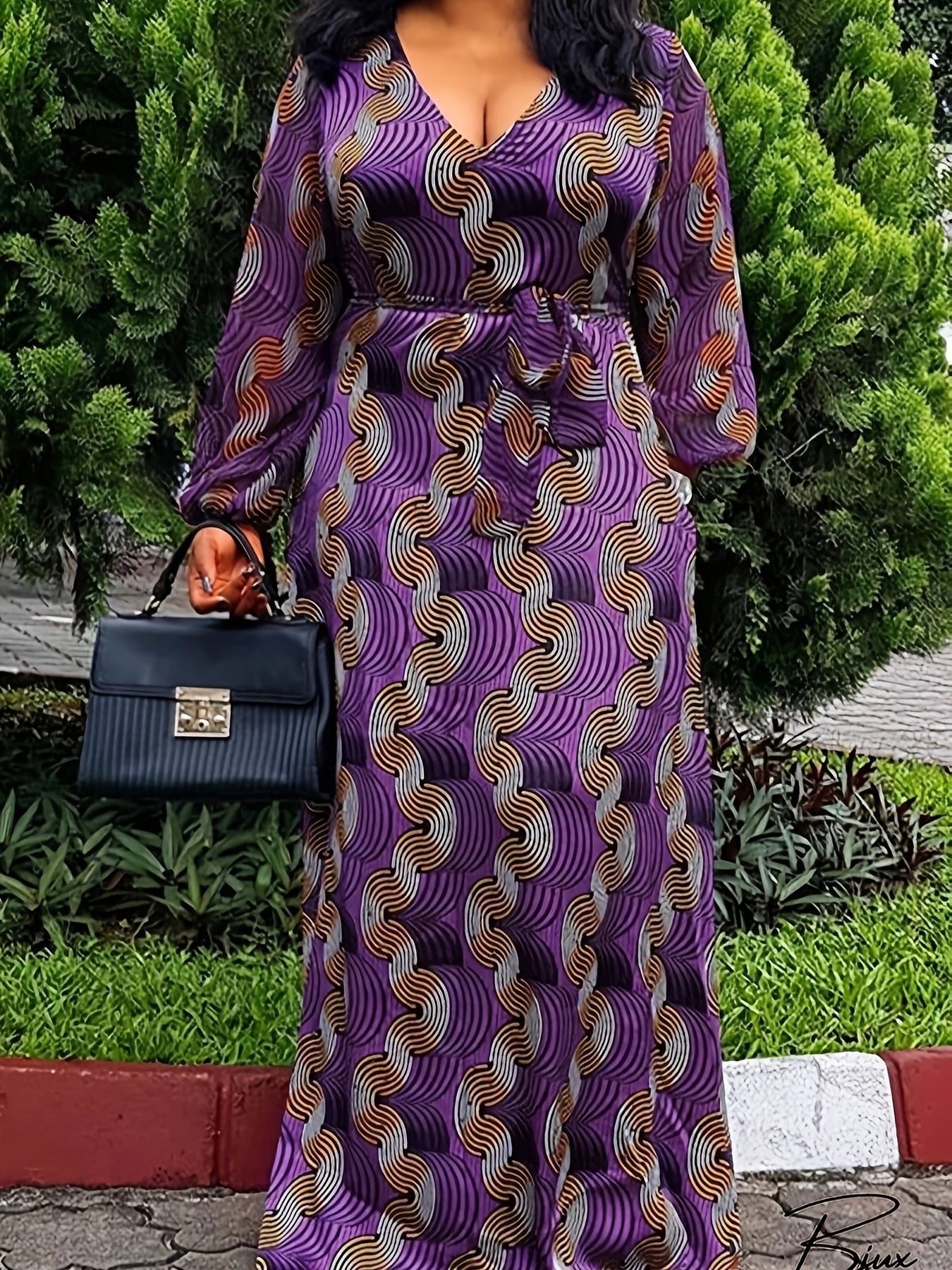  Sexy Geometric Print Lantern Sleeve Maxi Dress With Belt