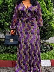  Sexy Geometric Print Lantern Sleeve Maxi Dress With Belt