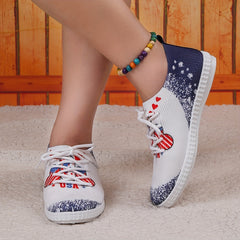Women's Flag & Heart Pattern Sneakers Breathable Knit Lace Up Outdoor Shoes