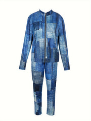  Denim Patchwork Print Jacket & Pants Outfit Set