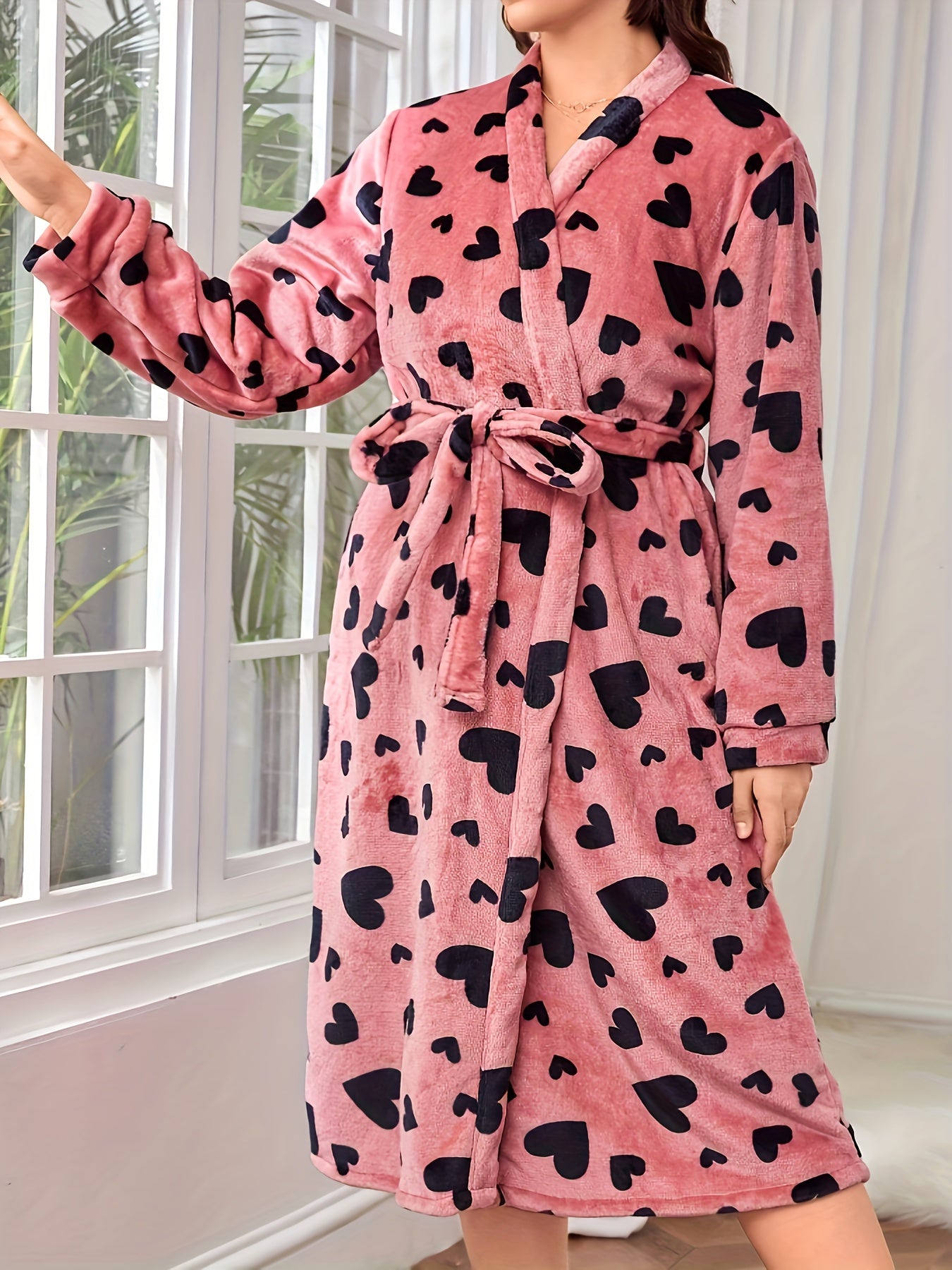  Heart Pattern Long Sleeve Flannel Robe