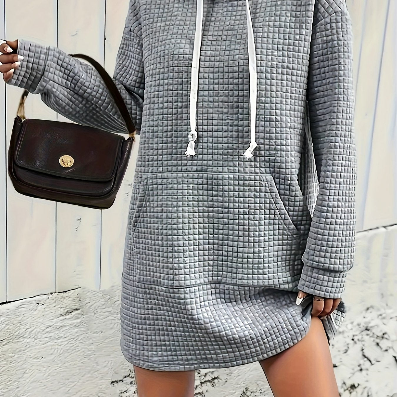  Waffle Long Sleeve Hooded Sweatshirt Dress With Pockets