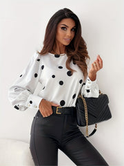  Dot Print Lantern Sleeve Blouse