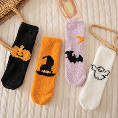 Halloween Pumpkin & Bat Print Socks & Funny Fuzzy Women's Stockings