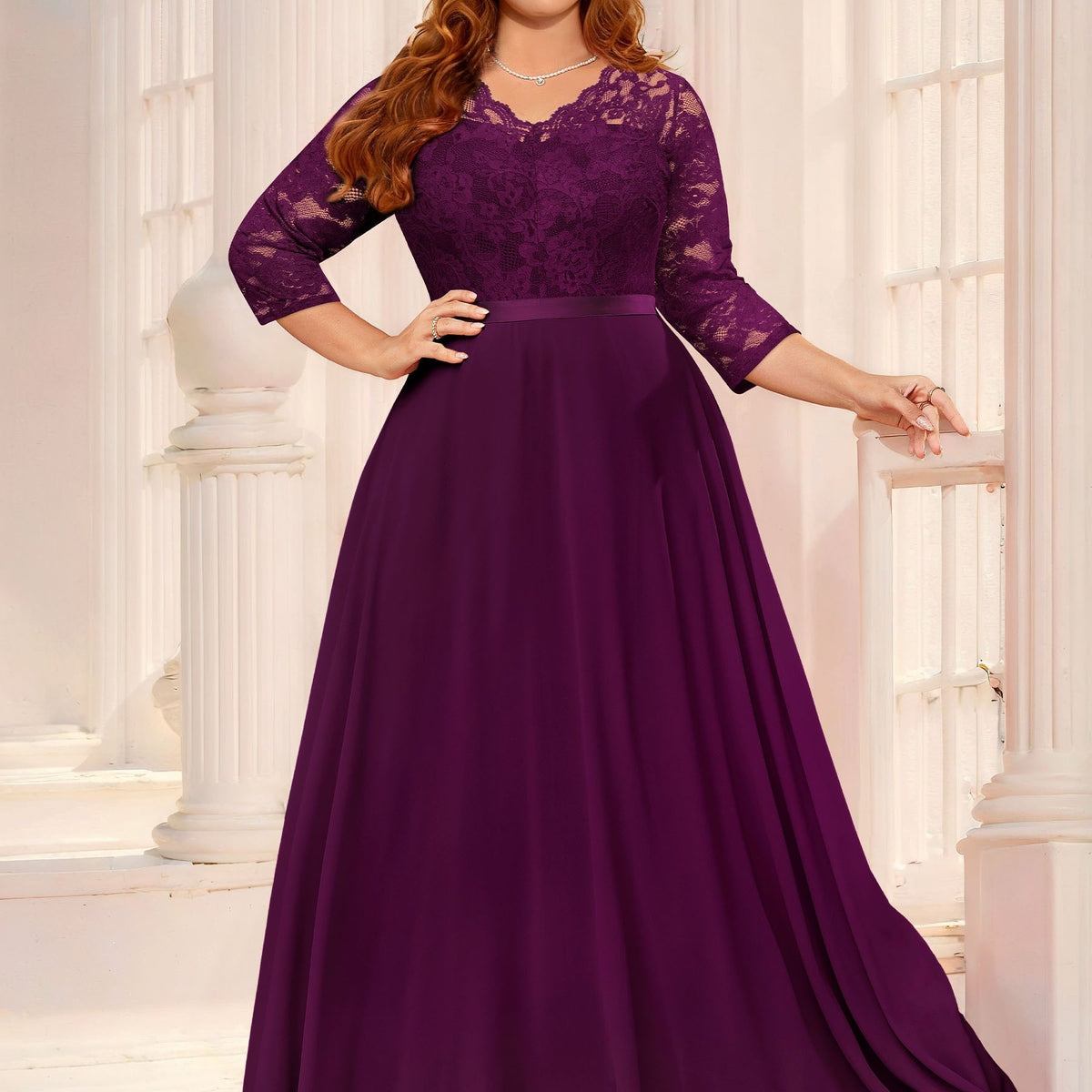  Floral Lace V Neck 3/4 Sleeve Maxi Dress