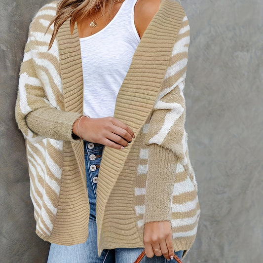  Women's Stripe Print Bat Sleeve Cardigan