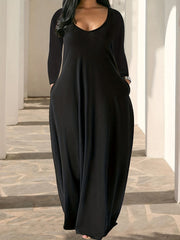 Plus Solid Long Sleeve Round Neck Maxi Dress With Pockets