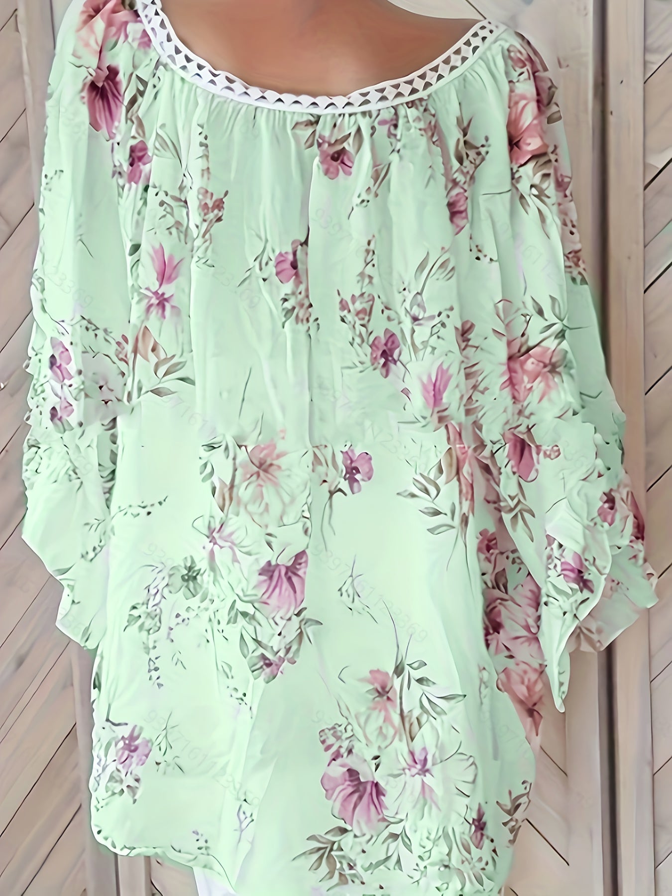 Floral Lace Sleeve Tie Neck Tunic Top