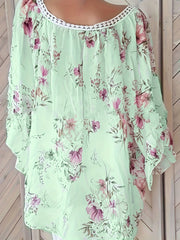  Floral Lace Sleeve Tie Neck Tunic Top