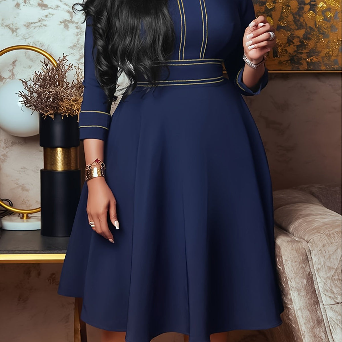 Long Sleeve Stand Collar A Line Dress