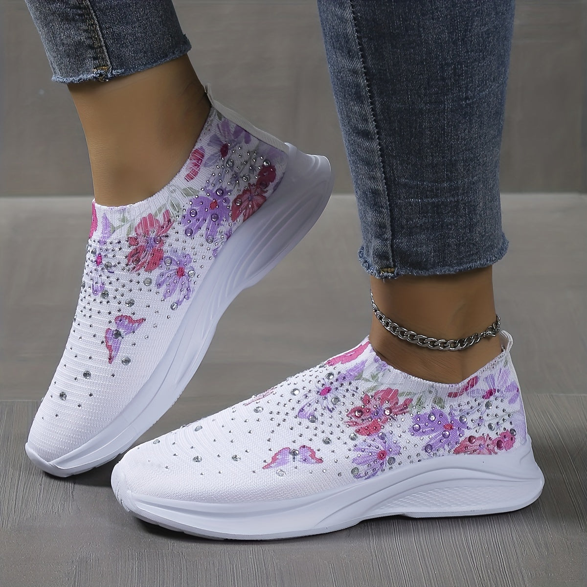 Floral Butterfly Sneakers Rhinestone Decor Slip On Knit Sock Shoes
