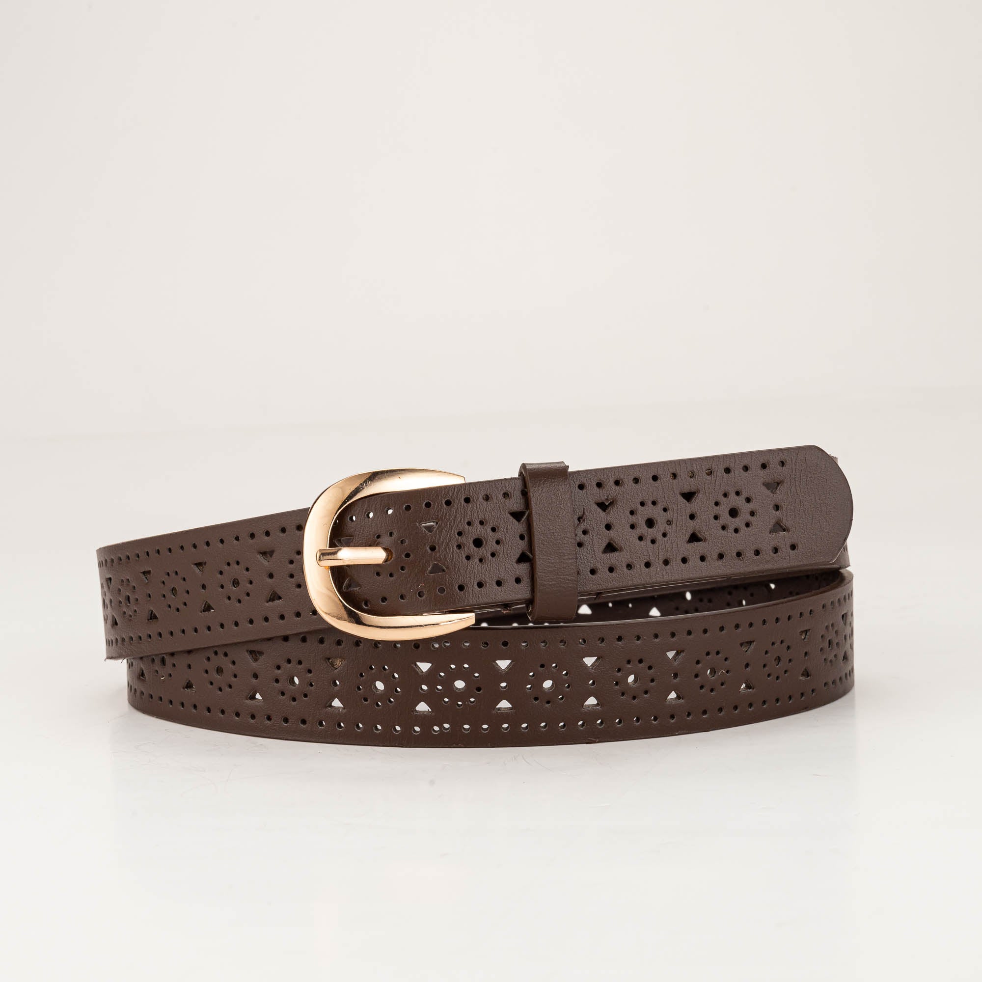 Brown Hollow Belt Women Metal Buckle Solid Brown Belt