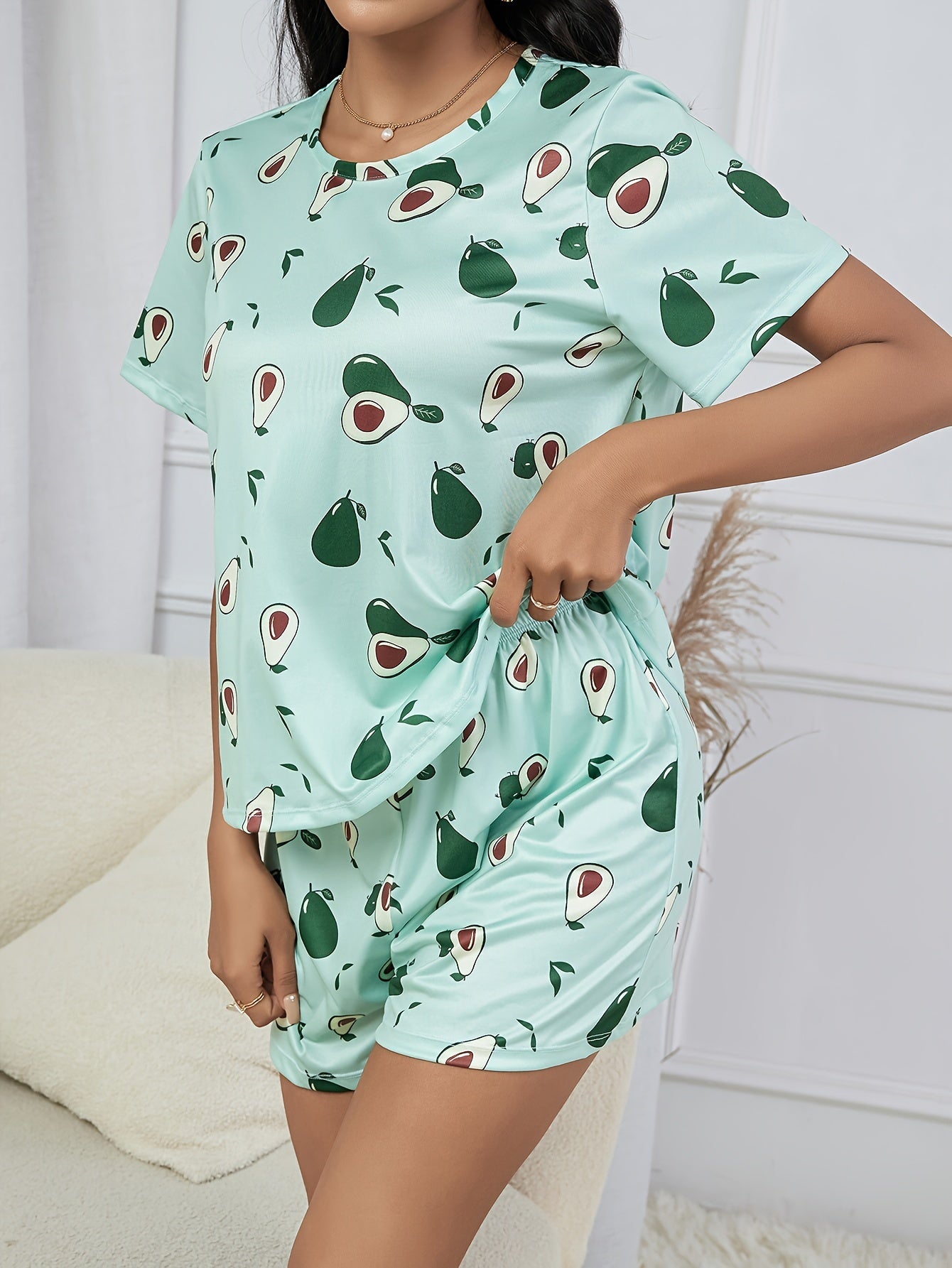 Avocado Print Pajama Set Short Sleeve Crew Neck Top & Elastic Waistband Shorts