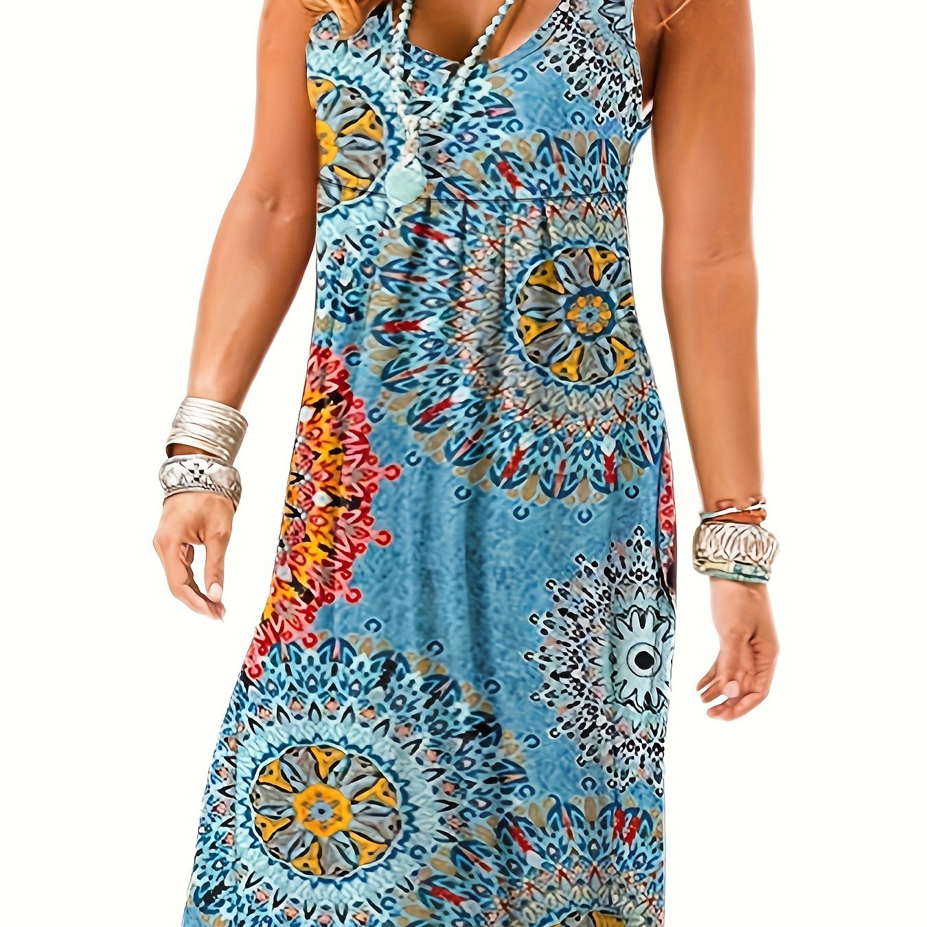  Tile Print V Neck Stretch Maxi Dress