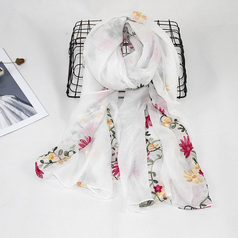 Boho Flower Embroidery Scarf Vintage Thin Shawl Women Head Wrap