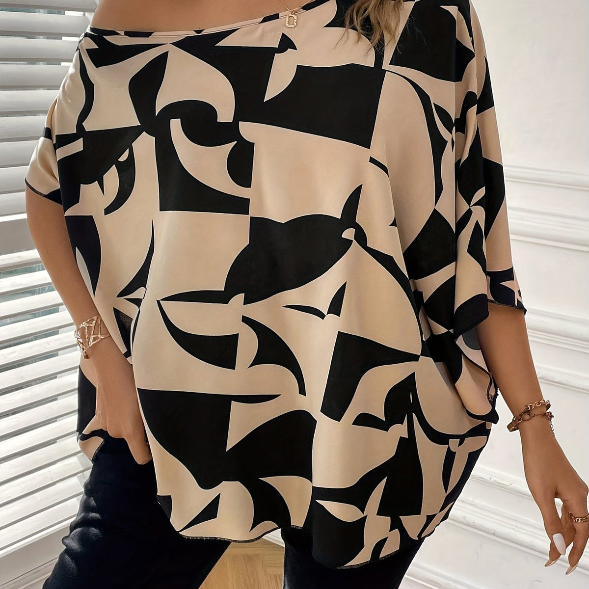  Colorblock Geo Print One Shoulder Short Sleeve Top
