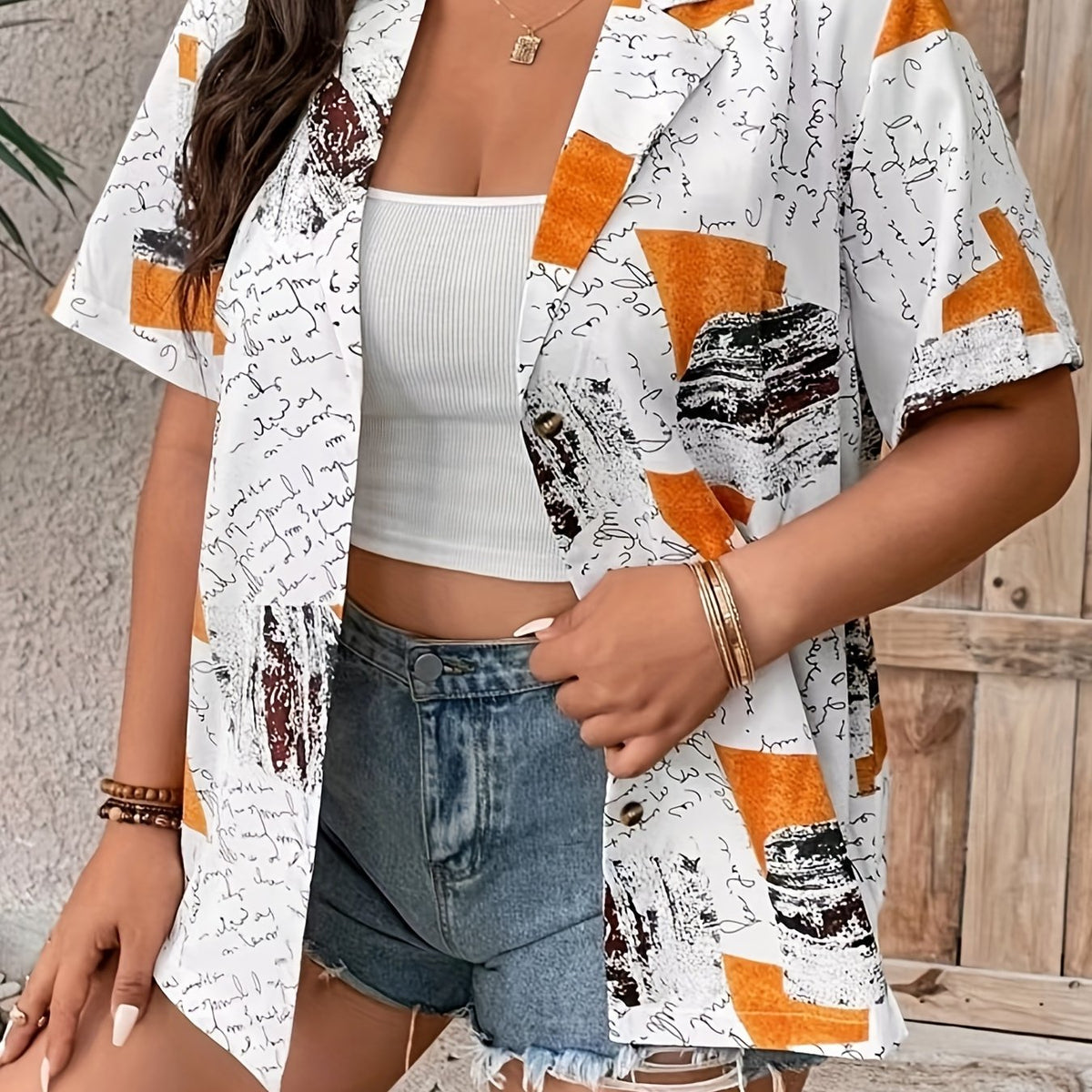  Colorblock Letter Print Button Up Short Sleeve Blouse