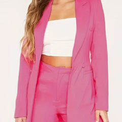  Solid Long Sleeve Blazer Lapel Collar Button Decor