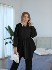 Blouse Solid Lantern Sleeve Button Up Collar