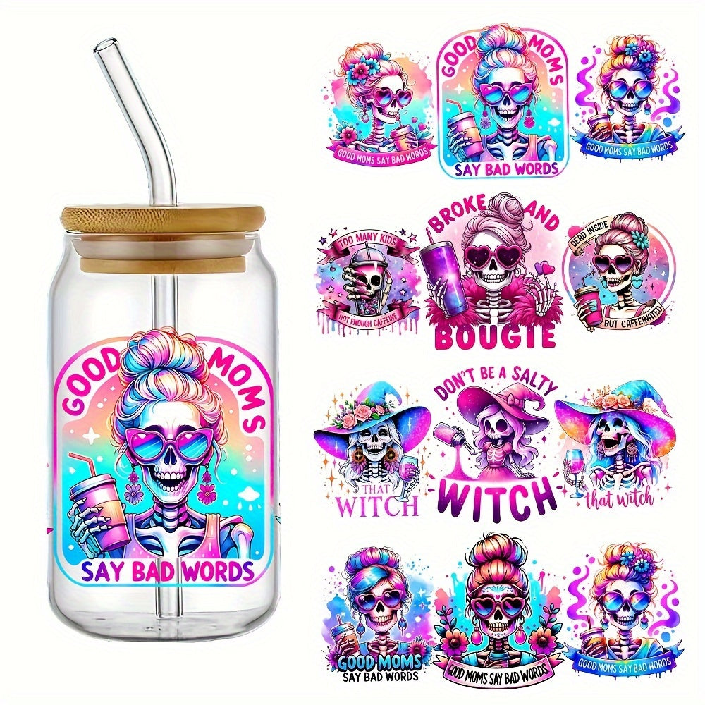 4Pcs Fun Skull Mom UV DTF Transfer DIY Decals for 16 Oz Mason Jar