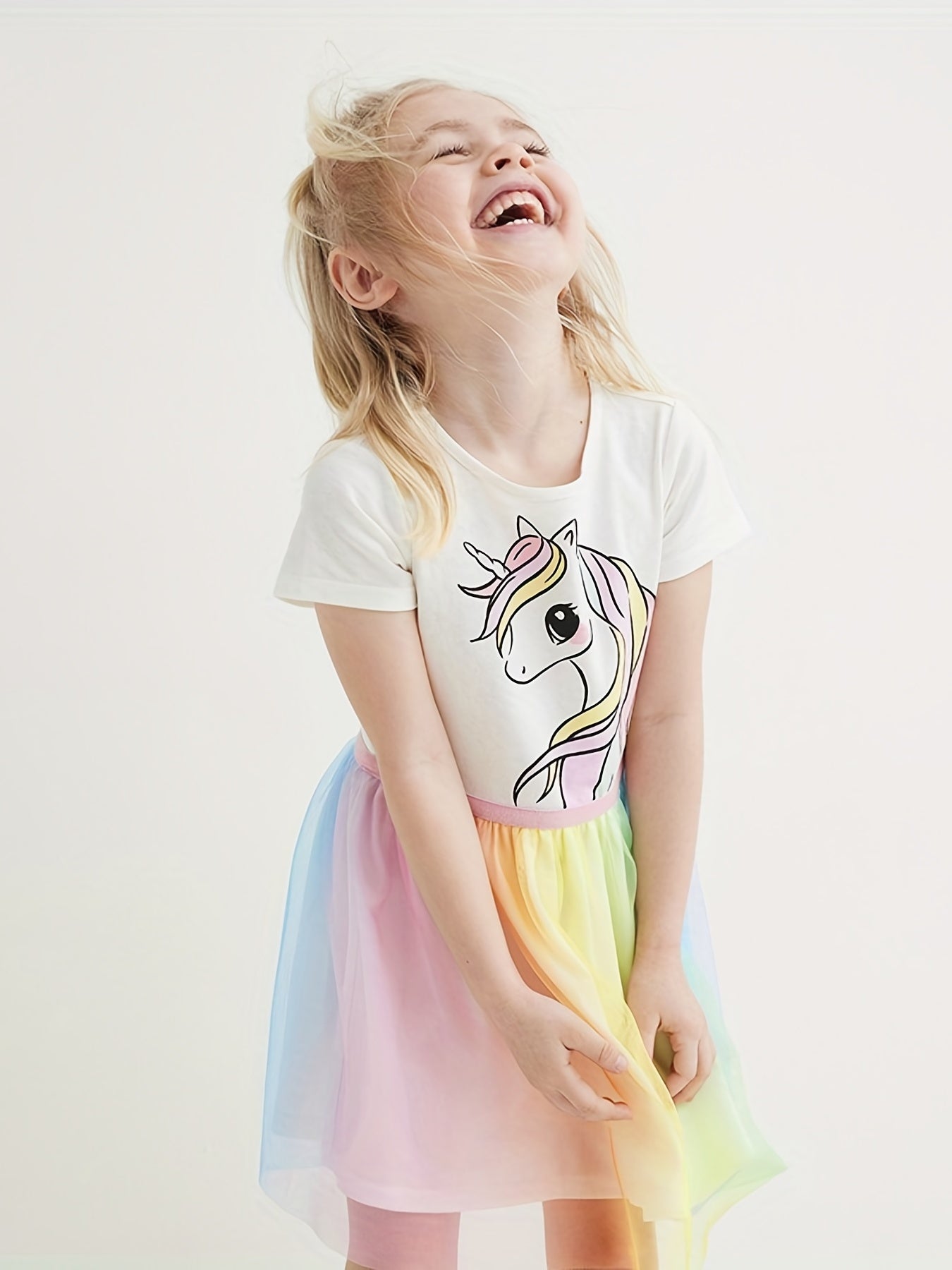 Girls Unicorn Mesh Princess Dress Short Sleeve Cotton TuTu Dress