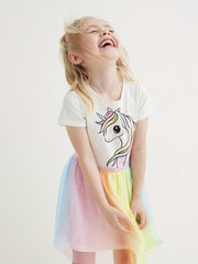 Girls Unicorn Mesh Princess Dress Short Sleeve Cotton TuTu Dress