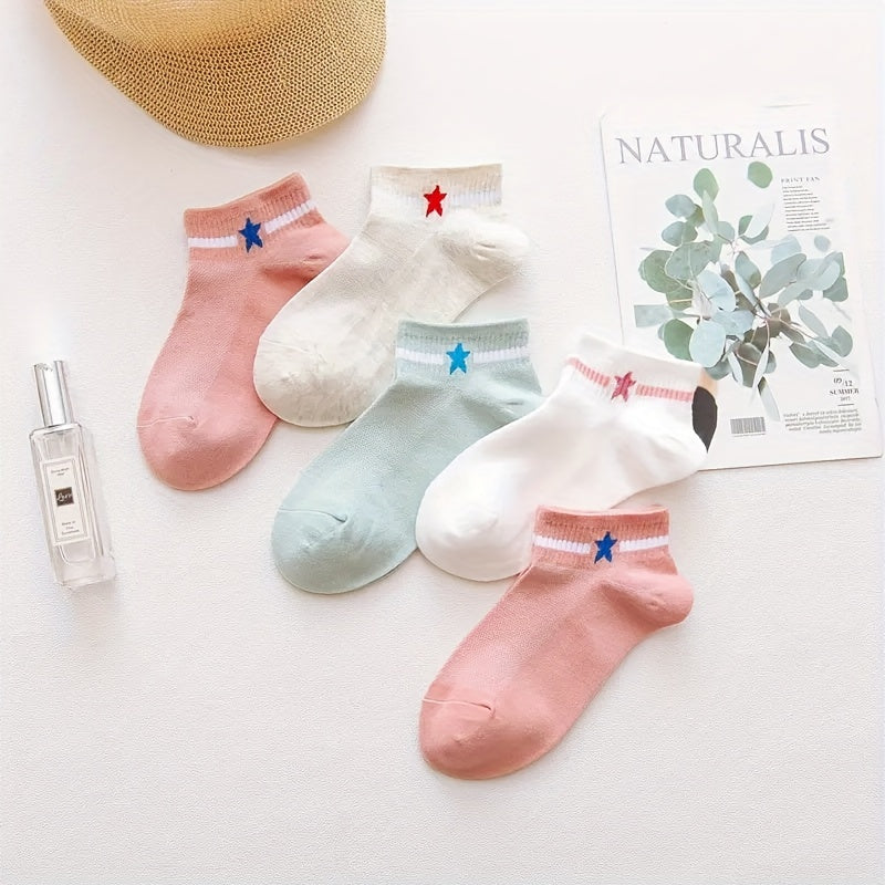 5 Pairs Star Print Socks Crew Short Women's Stockings & Hosiery