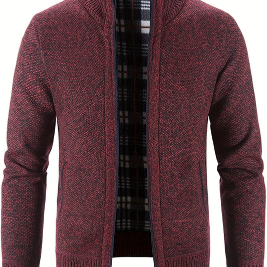 Men's Warm Stand Collar Fleece Jacket - Zip Up Knitted Cardigan