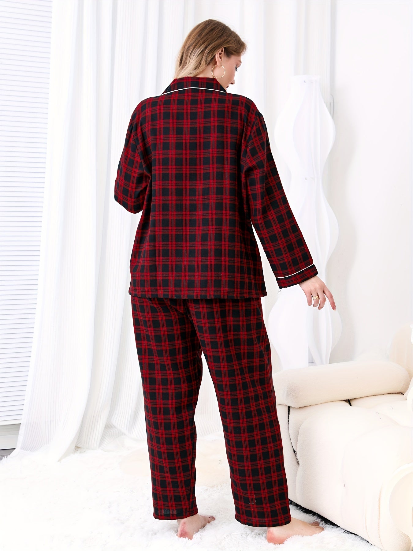  Plaid Print Pajamas Set - Long Sleeve Button Up Shirt & Pants