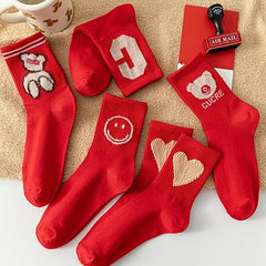 5 Pairs Red Crew Socks Lightweight & Comfy Women's Stockings