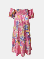  Tie Dye Off Shoulder Ruffle Trim Maxi Dress