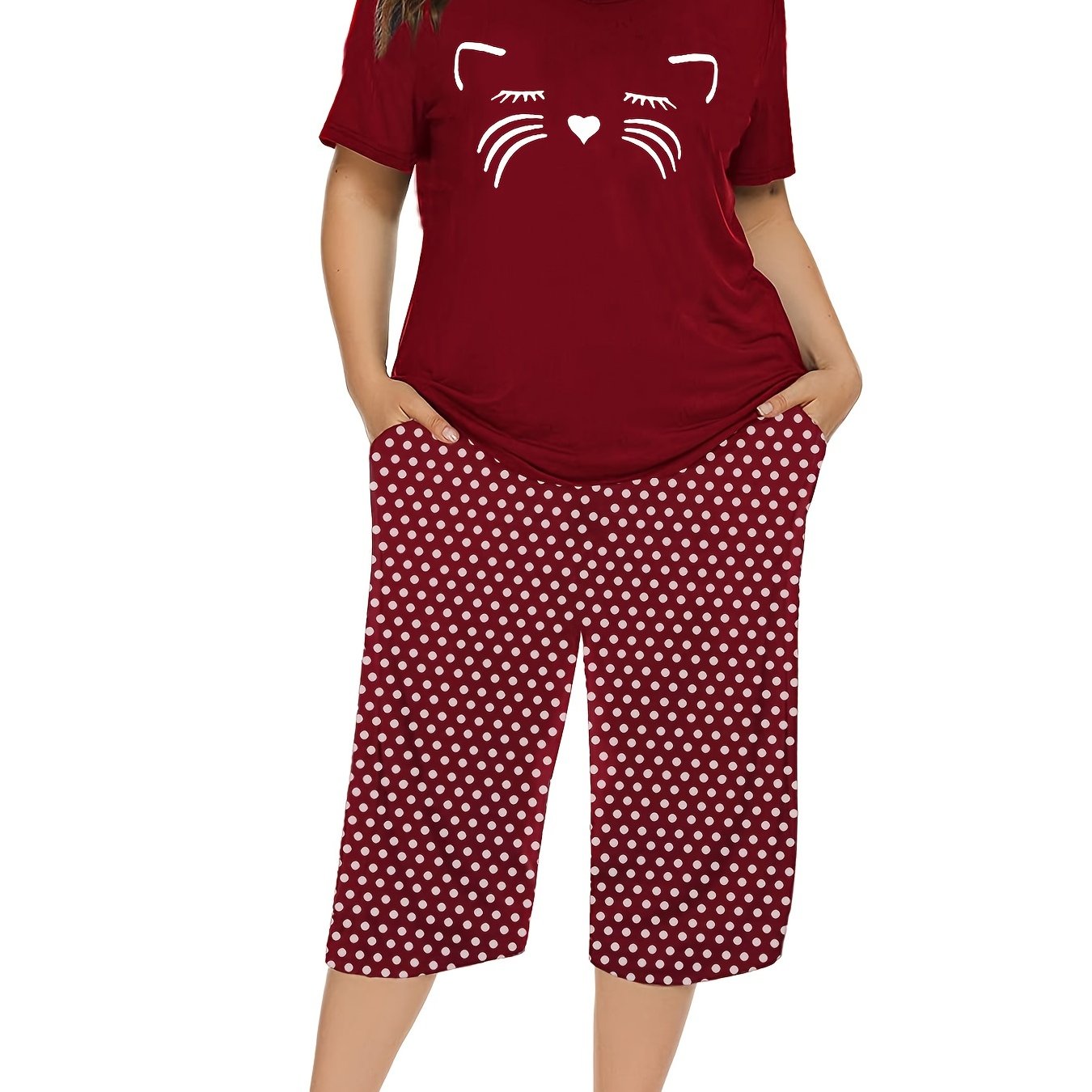  Kitten Print Pajamas Set Soft Short Sleeve T shirt & Shorts 2pcs Set