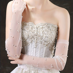 Mesh Long Gloves Faux Pearl Bridal Wedding Dress Gloves