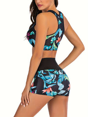  Vacay Bikini Set Tropical Print Racer Back Tank Bra & High Rise Shorts