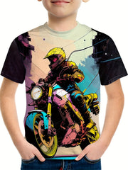 Motorcycle Rider Graffiti Print Tee Boys Short Sleeve T-shirt