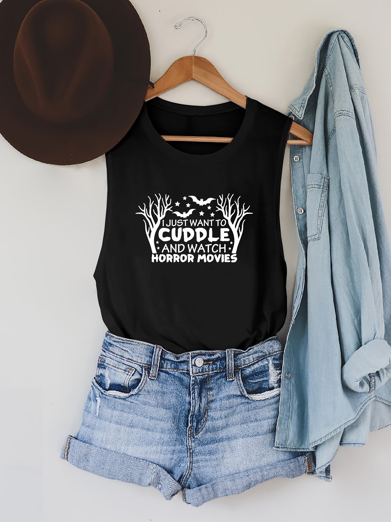 Letter Print Tank Top Crew Neck Summer Sleeveless Top