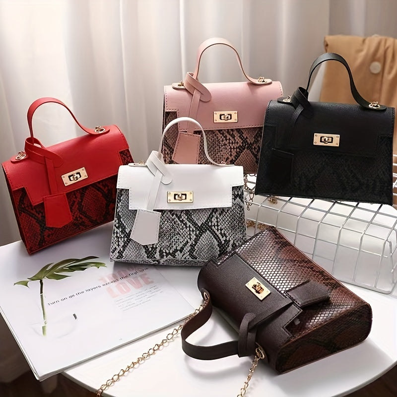 Snake Skin Pattern Crossbody Bag Turn Lock Chain Bag