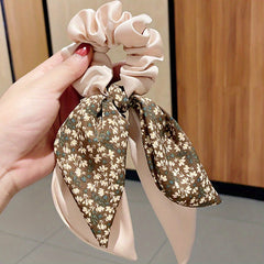 Floral Bow Hair Tie Elastic Scrunchie Large Streamer Hair Accessory for Women