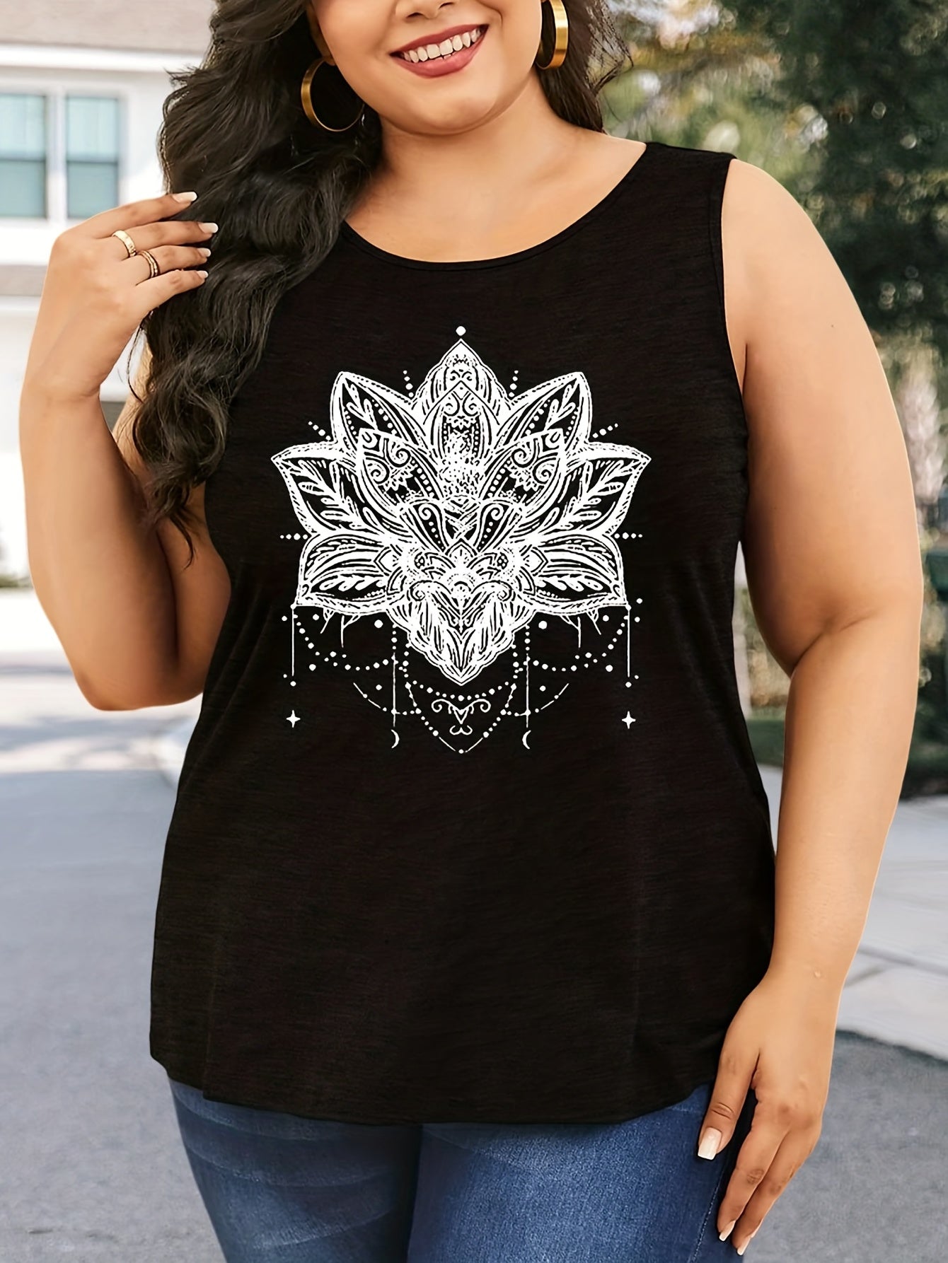  Lotus Print Tank Top Round Neck Medium Stretch