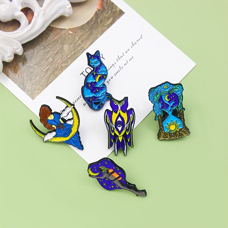 Starry Cat Moon Girl Hourglass Diver Double Head Bird Brooch
