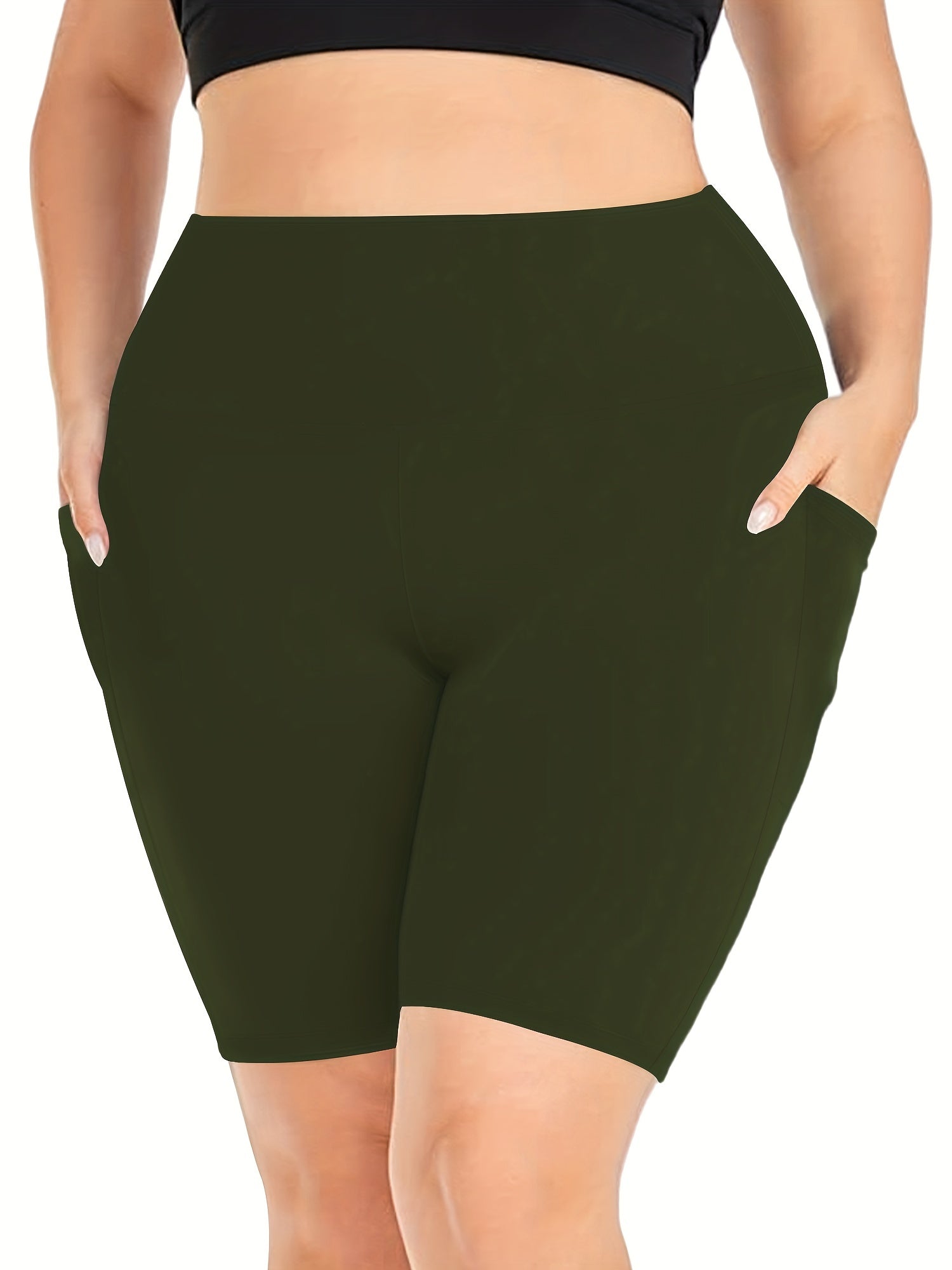 Plus Size Sports Shorts Women's Plus Solid High Rise Pockets Side Stretchy Yoga