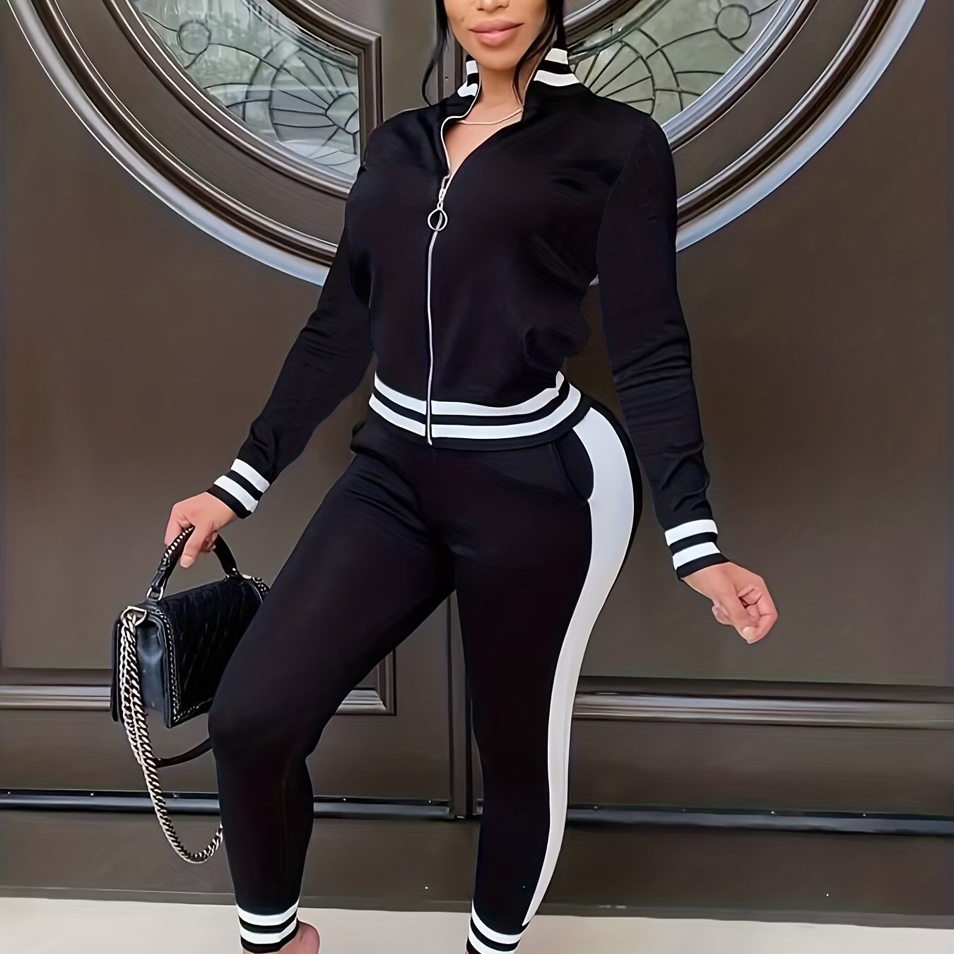  Colorblock Striped 2 Piece Set Zip Up Coat & Pants Outfits