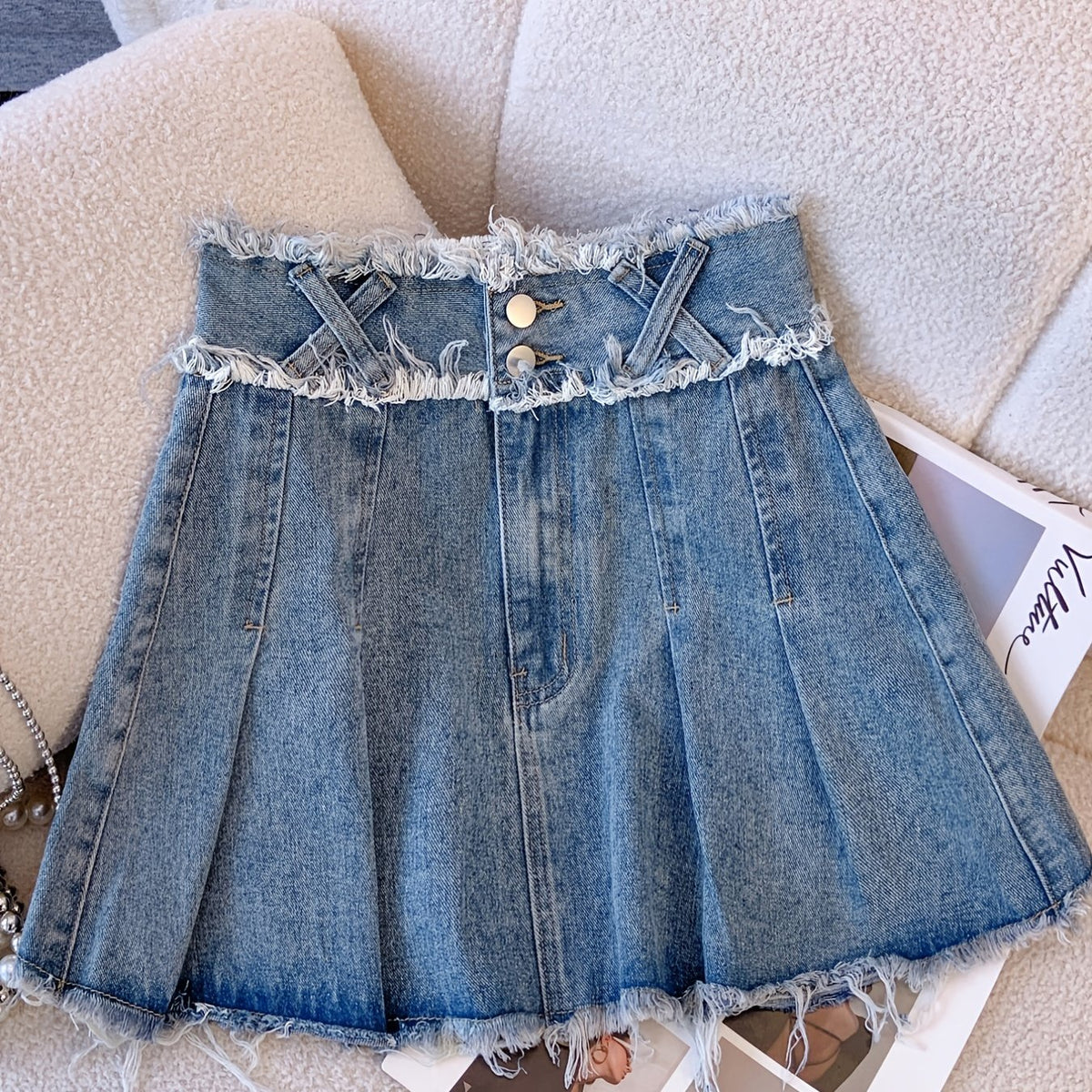 Pleated Double Button Cross Denim Skirt