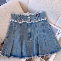 Pleated Double Button Cross Denim Skirt