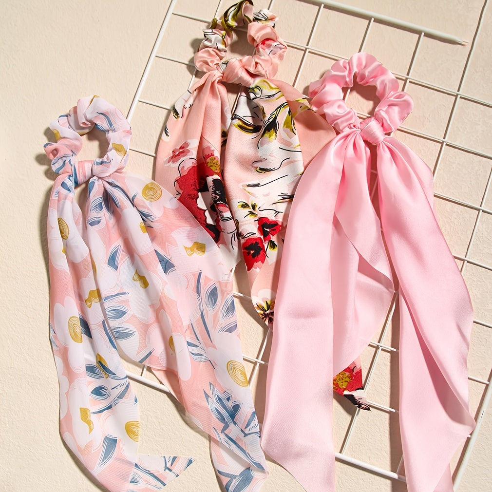 3pcs Floral Hair Scarf Scrunchies Bowknot Chiffon Hair Scarves