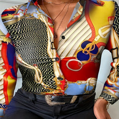  Colorblock Chain Print Long Sleeve Button Up Shirt