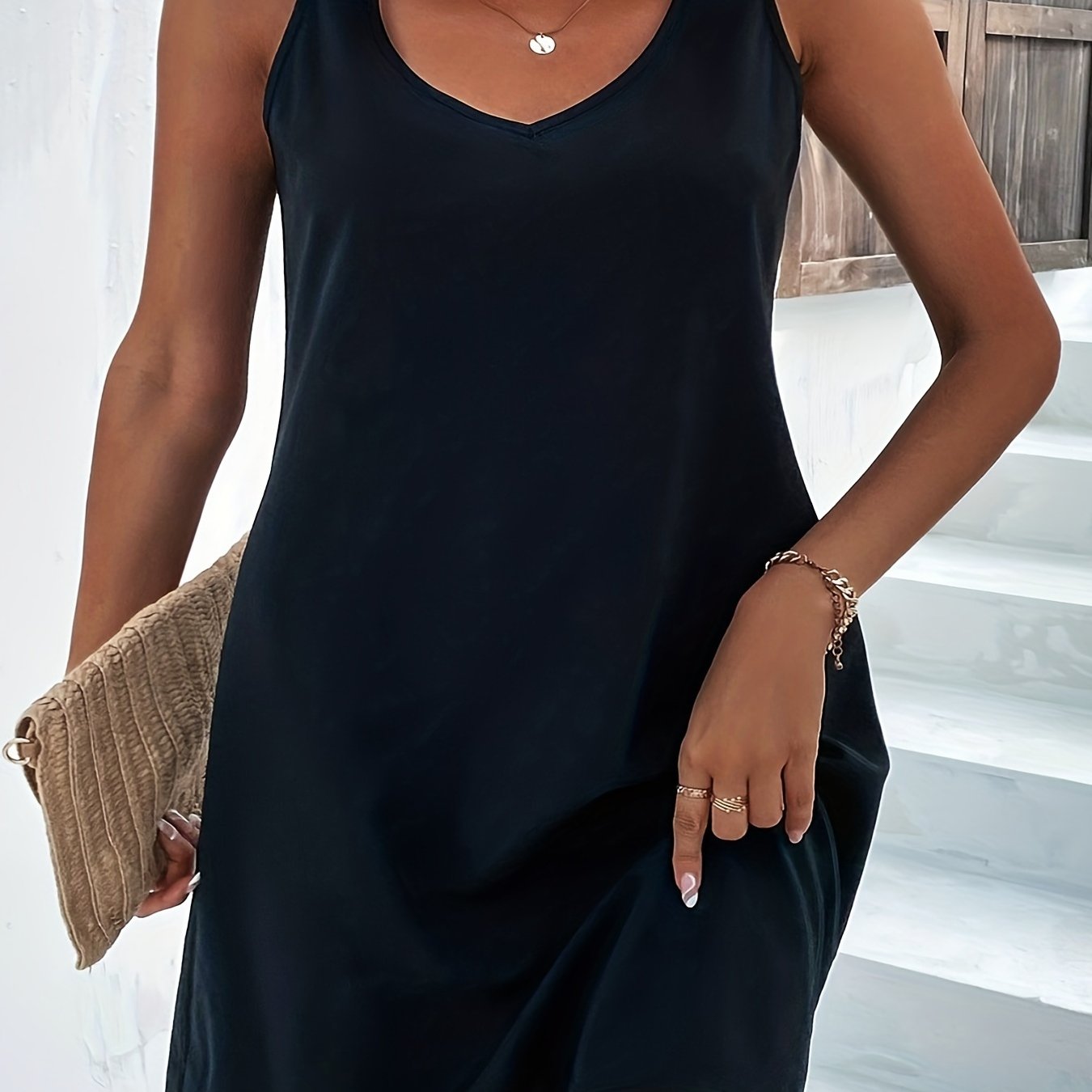  Casual Tank Dress Women's Solid V Neck Medium Stretch Dress